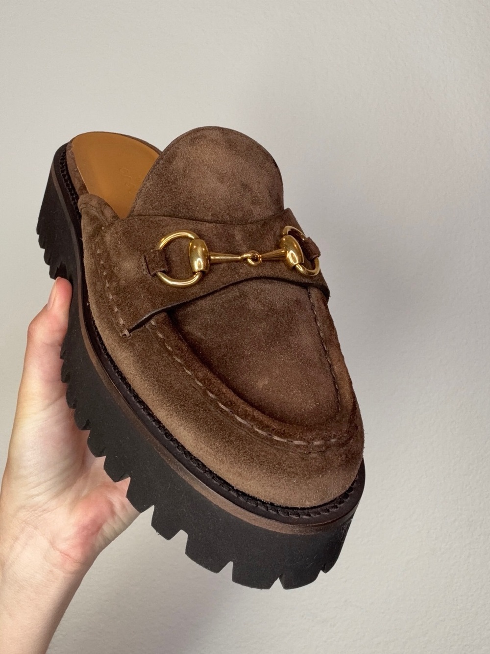 Gucci Brown Suede Lug Sole Mule Loafers with Gold Bit - Picture 2 of 4